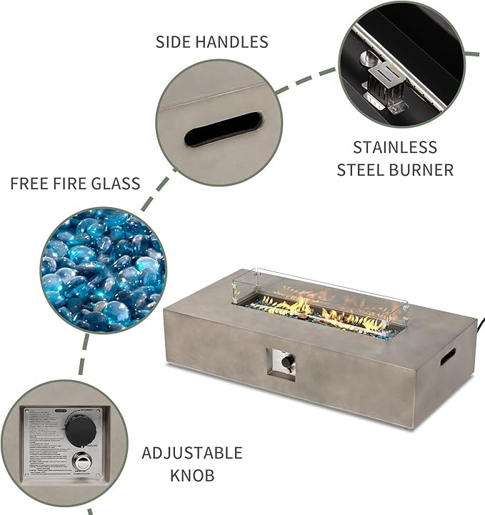 COSIEST Outdoor Propane Fire Pit Table 56-inch x 28-inch Rectangle Gray Concrete-Like Finish Certified 50000 BTU Stainless Steel Burner w Blue Fire Glass Wind Guard Raincover