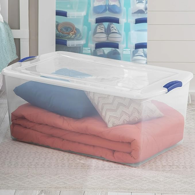 105 Quart Heavy-Duty Clear Plastic Storage Bin – Stackable &amp Nestable Latch Box with Clear Lid &amp Blue Secure Latches Ideal for Home Closet Dorm Garage Basement &amp Patio Organization