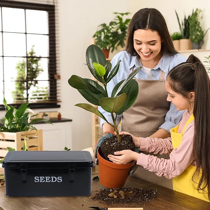 Seed Saving Box Metal Seed Bin Seed Storage Organizer Seed Packet Container with Lid Seed Envelope Storage Box 4 Compartments Garden Seed Bin with Safety Locks-Black