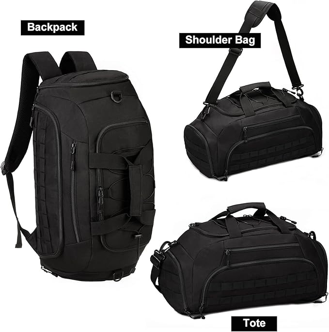 UNISTRENGH 3-Ways Tactical Military Nylon Men Holdall Weekend Travel Duffel Bag Backpack Messenger Shoulder Bags Rucksack Handbag (Black-45L)