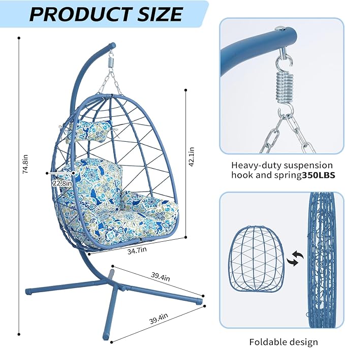 Hanging Egg Chair with Stand Outdoor Indoor Patio Rattan Swing Hammock Chairs with Washable Cushion PE Wicker Swing Chair for Backyard Bedroom Garden (Blue + Floral Cushion No Footrest)