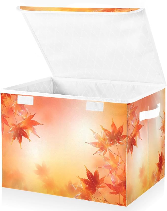 senya Thanksgiving Baskets Collapsible Storage Bins with Lids Thanksgiving Autumn Leaves Golden Maple Leaves Storage Boxes Clothes Baskets for Organizing