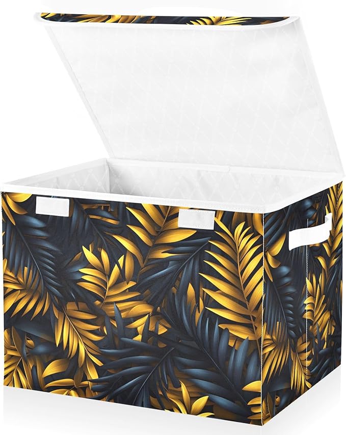 AIXIWAWA Lidded Storage Cube (Gold Palm Leaf) Fabric Foldable Closet Bins with Flip Lid and Handles Organizer Basket Container 16.5 x 12.6 x 11.8 IN