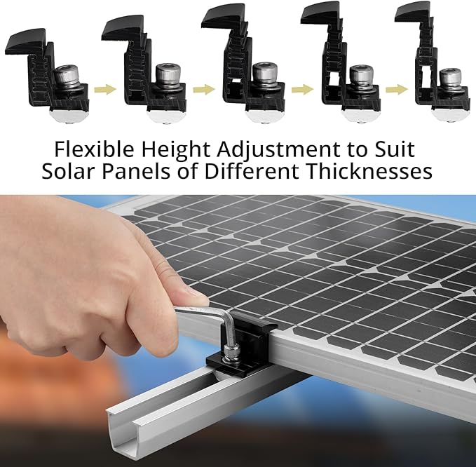 Anbte 10pcs Solar Panel Mounting Brackets 30-50mm Adjustable Aluminum Solar Panel End Clamp Include 10*Screw M8 and 1*Wrench Solar Mount Kit for Metal Roof Tin Roof Flat Roof Sheet Roof Black