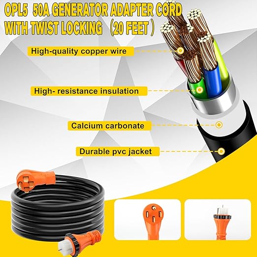 2 Years Warranty OPL5 50 Amp Generator Cord 20FT and Power Inlet Box (Pre-Drilled)125/250 Volts NEMA 14-50P to SS2-50R Generator Cord ETL Listed STW 6/3 + 8/1 AWG for Home Emergency