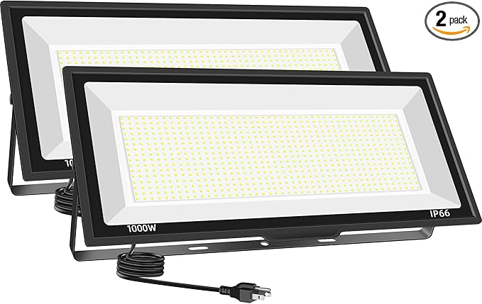 2 Pack 1000W LED Flood Light Outdoor95000LM 6500K Daylight White Exterior Security FloodLight with Plug IP66 Waterproof Commercial Lighting for Sports FieldsParking LotsCourtsArenaStadium