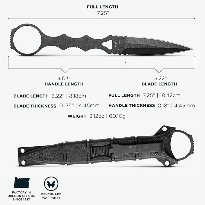Benchmade - SOCP Knife Double Edge Dagger Blade Plain Edge Black Handle