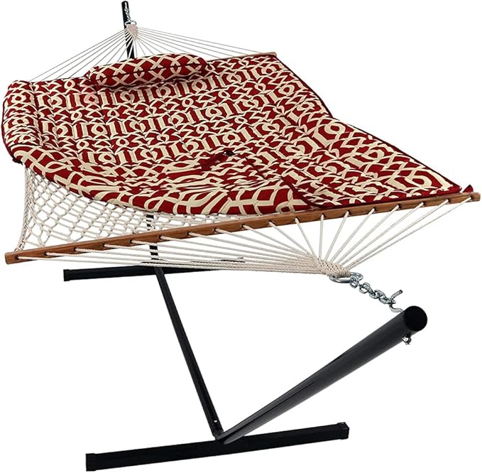 Sunnydaze Rope Hammock with Stand for Outside- 275-Pound Capacity - Includes 12-Foot Hammock Stand Spreader Bar Pad and Pillow - Royal Red
