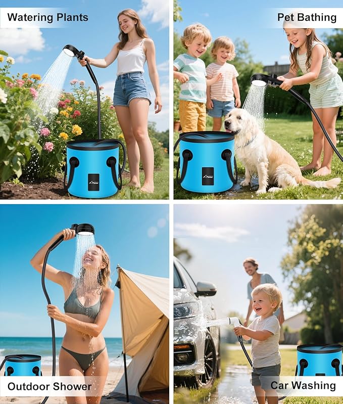 WADEO Portable Shower for Camping Outdoor Electric Shower Rechargeable Pump with 20L Collapsible Bucket Camping Shower Light for Camping Hiking Traveling Washing