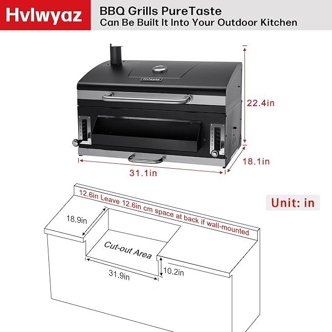 Built-in Charcoal Grill Large BBQ Grills with Liftable Tray Insulated Hood &amp Temp Gauge Black Stainless Steel Barrel Grill for Outdoor Kitchen Family BBQ Parties &amp Patio Use