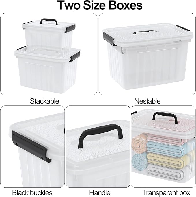 Kiddream 2-Pack Clear Storage Tote Boxes Plastic Latch Container Bins with Handles 10 Liter &amp 6 Liters