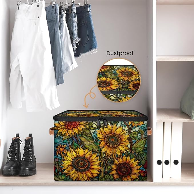 Sunflower Oil Painting Storage Bins with Zipper Lid Fabric Storage Containers for Clothes Collapsible Closet Storage Basket with Metal Frame 2 Pack