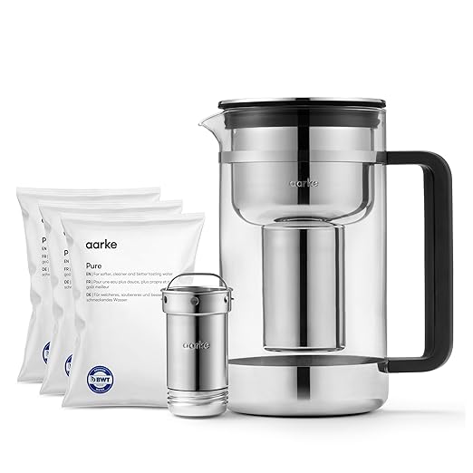 Aarke Purifier Large Glass Pitcher Bundle w/Steel Filter BPA-Free 4 Pure Refill Granules - Filters Heavy Metals 2.8L Pitcher with 1.66L Filtration Capacity