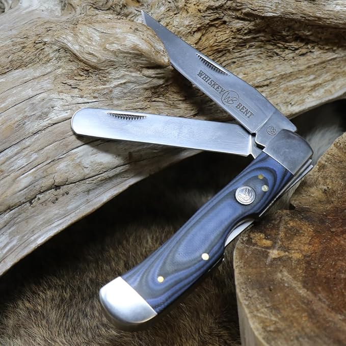 WHISKEY BENT HAT CO. Trapper &amp Locking Bullcutter Folding Pocket Knife 4.125 Closed Length 440C Stainless Steel Blades (Blue Burst)