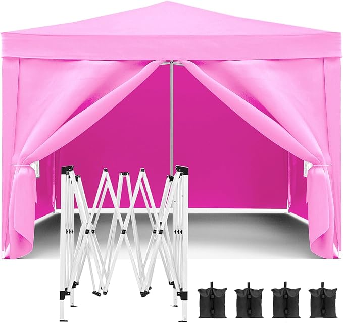 10'x10' Folding Canopy with 4 Removable Sidewalls Outdoor Event Shelter UPF 50+ Gazebo Portable Tents for Parties Beach Camping Wedding EZ Pop Up Canopy Weight Bag + Carry Bag (Pink)