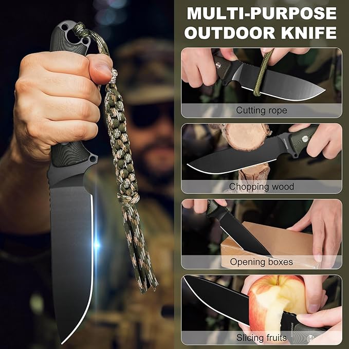 Full Tang Survival Knife YS-X1 - Razor Sharp Fixed Blade with Sheath 8Cr14MoV Steel for Camping &amp Bushcraft Includes Fire Starter &amp Tools
