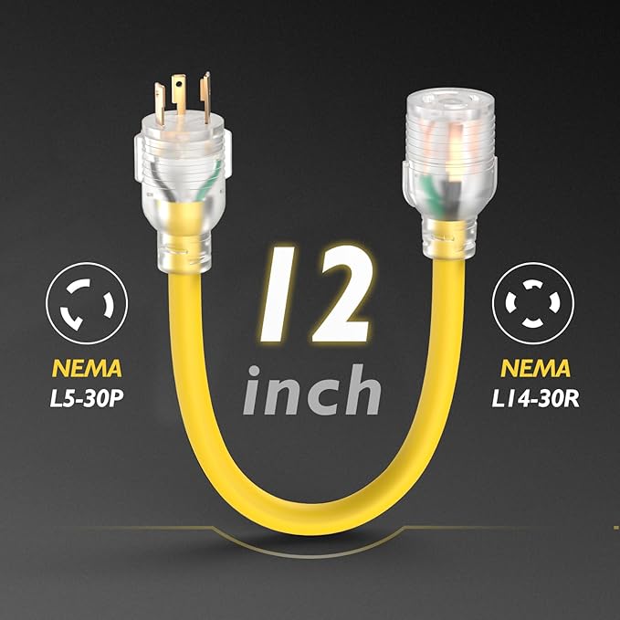 TOOLIOM 30 Amp 3 to 4 Prong RV Generator Adapter Cord NEMA L5-30P to L14-30R UL Listed Extension Cord for House Trailer Camper 125V 3750W STW 10AWG/3C (12 Inch)