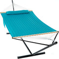 GAFETE 2 Person Hammock with Stand for Outside Heavy Duty Steel Stand Double 55inch Hammocks Large Removable Pillow Storage Bags Max 475 lbs Capacity (Lake Aqua)