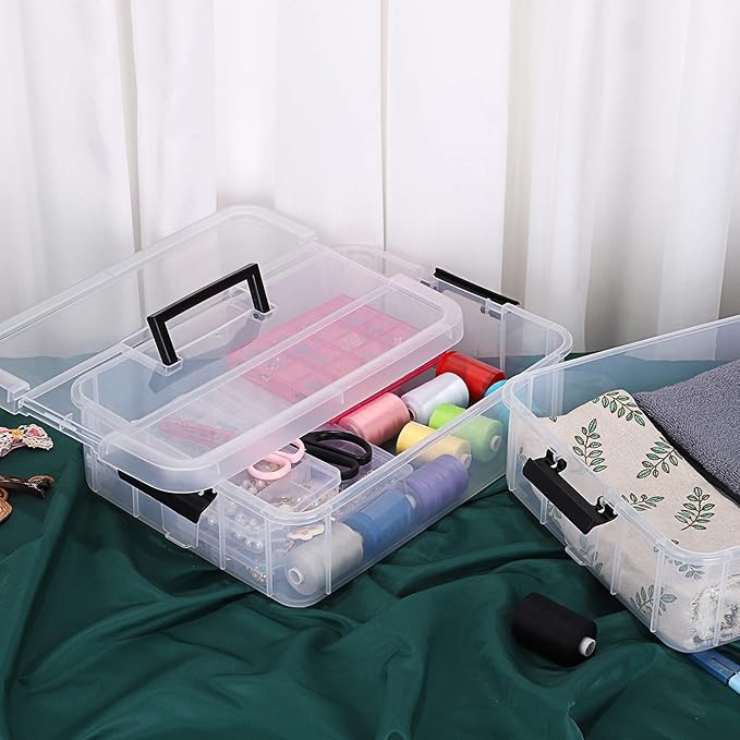 JUXYES 2-Tiers Stack Carry Storage Box With Handle Transparent Stackable Storage Bin With Handle Lid Latching Storage Container for School &amp Office Supplies