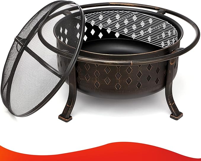 SINGLYFIRE 36 Inch Fire Pits for Outside Large Outdoor Wood Burning Crossweave firepit Heavy Duty Steel Bronze Bonfire Pit for Patio Backyard Garden with BBQ GrateSpark ScreenLog GratePoker
