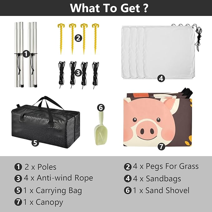 Little Pig Faces Foldable Beach Cabana UPF50 Easy Setup Large Sun Shelter with Sand Shovel for Camping Picnics Backyard