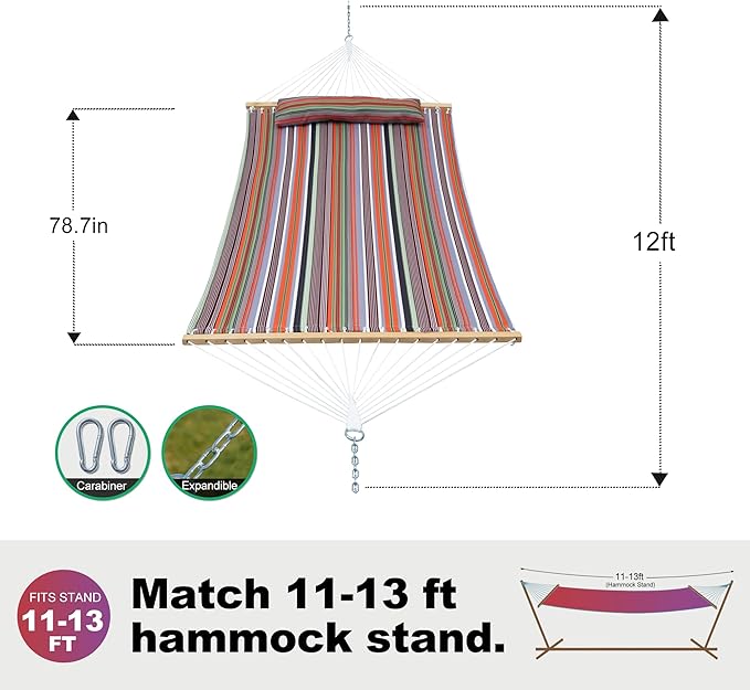 GAFETE Hammock 2 Person Quilted Fabric Hammocks for Outside Double 12ft Hammocks with Spreader Bar Large Removable Pillow Storage Bag Carabiners Max 475 lbs Capacity (Sunset Red Stripe)