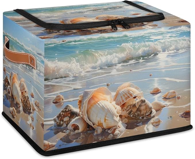 Shell Beach Storage Bins with Zipper Lid 2pcs Stackable Storage Baskets Boxes with Metal Frame Closet Storage Cube Bin Organizer with PU Handles Clothes Storage Bag