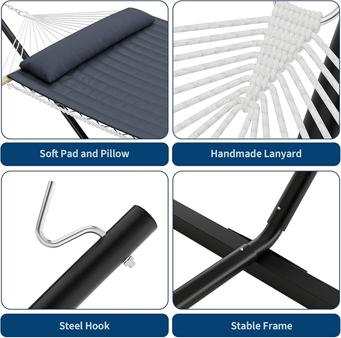 Double Hammock with Stand for 2 Adults - Heavy Duty 475 Lbs Capacity - Portable Hammock Set w/Breathable Cotton Rope &amp Quilted Pad - Backyard Camping Indoor or Outdoor Use (Black)