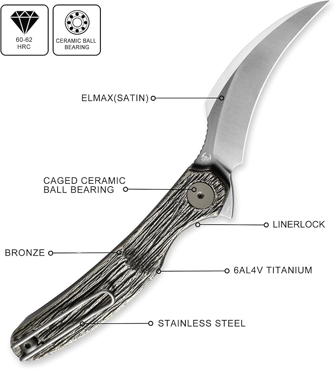 Mantis Flipper Pikal Knife2.52 ELMAX Blade Folding KnifeHandmade Engraved Titanium Handle 4.2 EDC Pocket Knife (Bronze-satin)