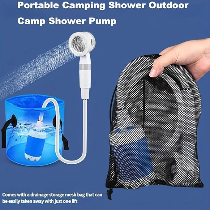 Portable Camping Shower Pump Portable Camping Shower with Adjustable Flow Rechargeable Outdoor Camp Shower Pump with Digital Display for Camping Hiking Traveling RV (Blue)