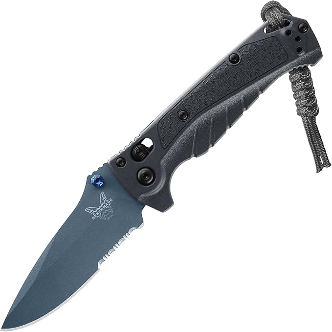 Benchmade - Mini Adira Outdoor Water Fishing Knife Drop-Point Serrated Blade with Tempest Gray Grivory Handle (18065SBT-01)