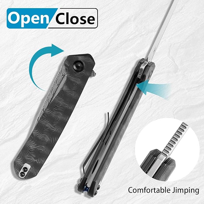 KANSEPT Qilin Pocket Knife3.24'' Damascus Sharp Blade Black Rose Carbon Fiber Handle for Edc Flipper and Liner Lock with Double-Sided Clip Men Camping Survival Folding Knives K1047A2