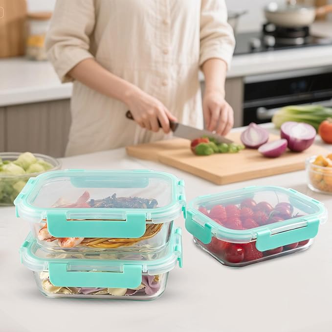 10 Pack 22 oz Glass Meal Prep Containers Food Storage Containers with Lids Airtight Leakproof Lunch Containers for Kitchen Freezer Microwave Dishwasher Safe (Mint Green)