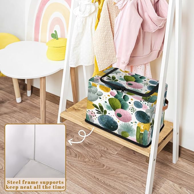 Cactus Storage Bins with Lids Green Plant Collapsible Cube Storage Basket with Leather Handle Foldable Storage Box with Lids for Organizing Home Closet