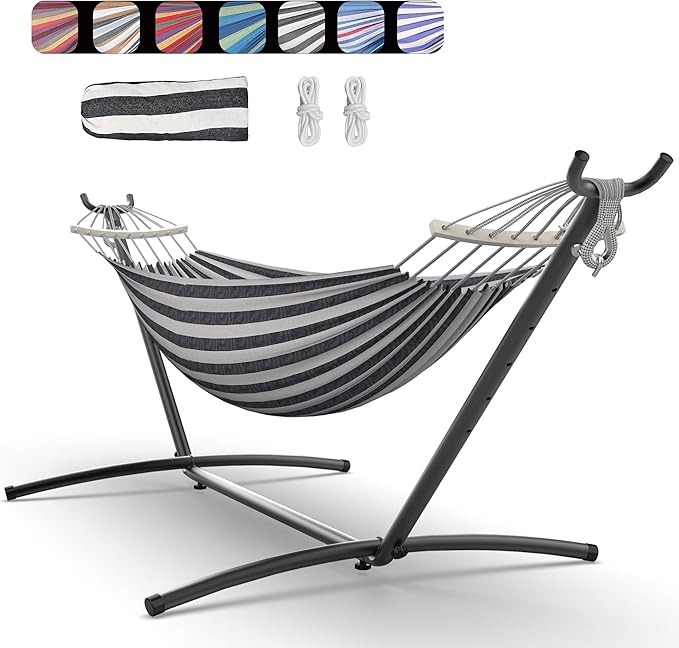 Everyfun Hammock with Heavy-Duty Steel StandPortableEasy Assembly600lbs Weight CapacitySuit for IndoorYardCampingor OutdoorBlack White