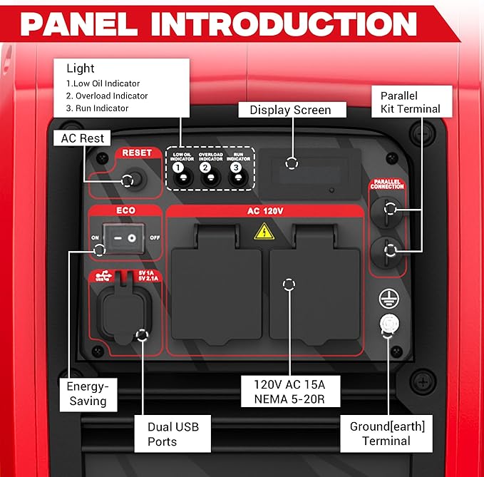 3450-Watt Dual Fuel Inverter Generator for Home Use 1.6Gallon Large Fuel Tank Up to 8.3 Hours Use 120V Gas Powered Generator Super Quiet Red