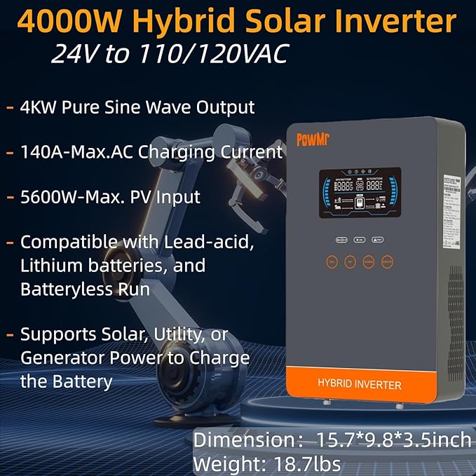 PowMr 4000W Hybrid Solar Inverter 24V DC to 110V AC Pure Sine Wave Output with 140A MPPT Charge Controller Max.PV Input 4200W 500VDC fit for 24V Lead-Acid and Li Batteries RVOff-Grid System