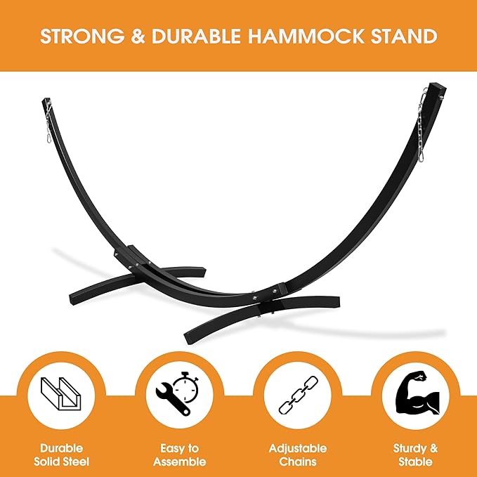Lazy Daze Hammocks 12 FT 2 Person Double Quick Dry Textilene Hammock with Curved Steel Heavy Duty Stand for Outside Backyard Patio 450 Lbs Capacity Beige White Stripes