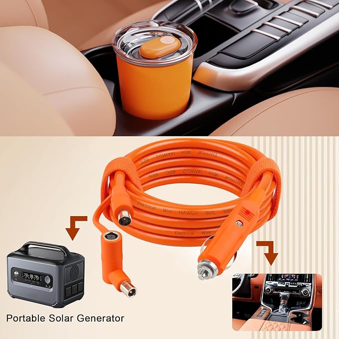 10FT 14AWG Car Charging Cable for Jackery Portable Power Station Explorer 3000 2000 1500 1000 880 550 500 300 290 240 160DC 8mm Car Cigarette Lighter Charger Cable 15A with DC7909/8020 Plug
