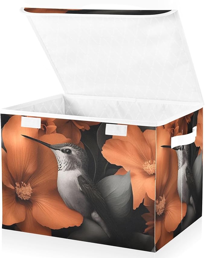 Storage Cube with Lid Hummingbird Flowe Print 16.5×12.6×11.8 IN Collapsible Large Capacity Foldable Storage Basket Bin Organizer