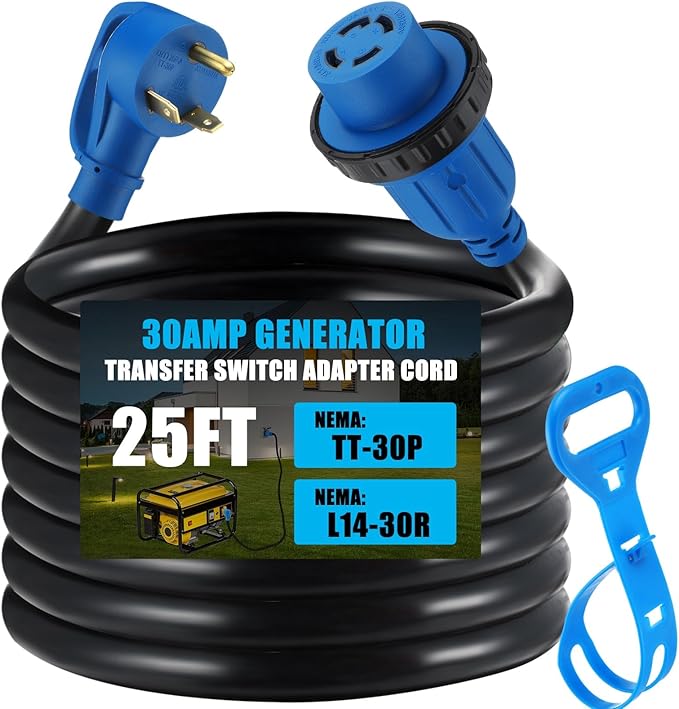 Tellegloww 25 ft TT-30P to L14-30R Generator Transfer Switch Adapter Cord 30 Amp TT-30P Male to L14-30R Female with Locking Ring Generator to House Inlet Box Adapter STW 10 AWG ETL Listed