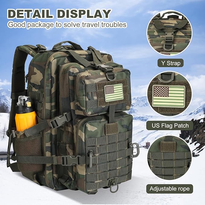 Hannibal Tactical 45L MOLLE Assault Backpack Tactical Backpack Military Army Camping Rucksack with Bottle Holder 3-Day Pack Trip w/USA Flag Patch D-Rings US Woodland