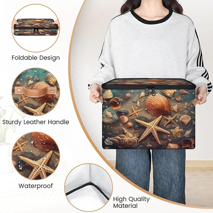Storage Bins with Lids Retro Starfish Seashells Storage Basket Clothes Organizer with Handles Closet Storage Containers for Clothing Bedding Blanket