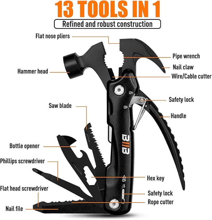 BIIB Gifts for Men 13 in 1 Hammer Multitool Camping Accessories Mens Gifts for Dad Him Boyfriend Anniversary Birthday Gifts for Men Who Have Everything Camping Survival Gear Cool Gadgets
