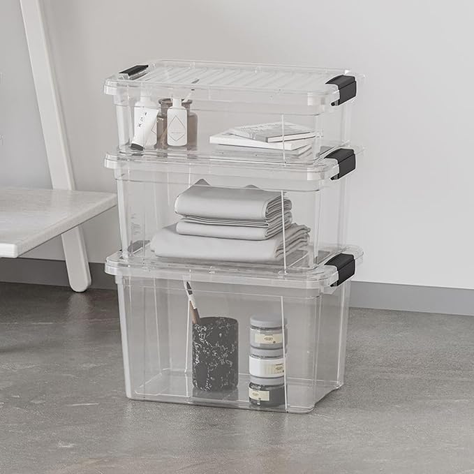 Superio Small Clear Storage Boxes with Lids Plastic Container Bins for Organizing Stackable Crates BPA Free Non Toxic Odor Free Organizers for Home Office and Dorm (4.75 Quart 12 Pack)