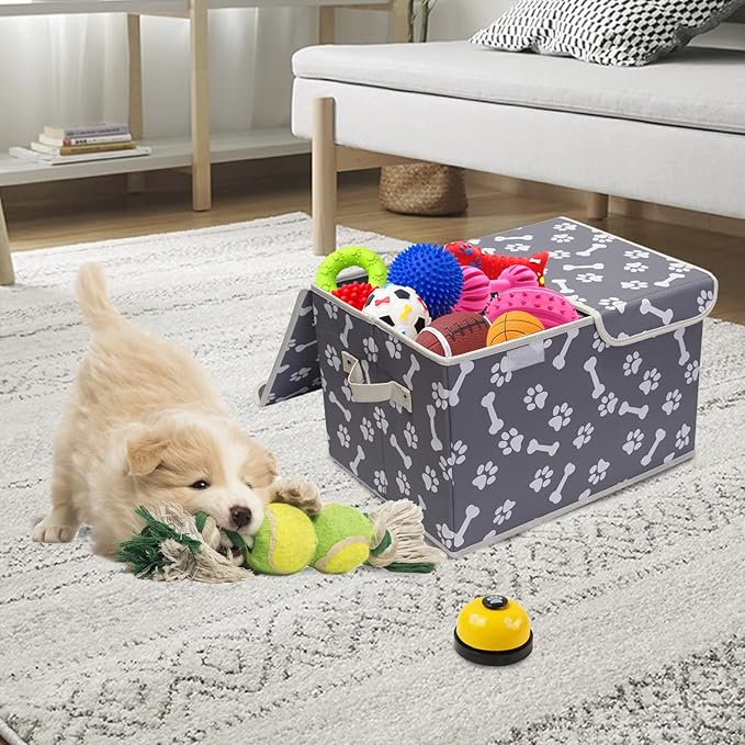 Pet Toy Storage Box with Lid Basket Organizer - Perfect Collapsible Bin for Living room Playroom Closet Home Organization - Bone Paw