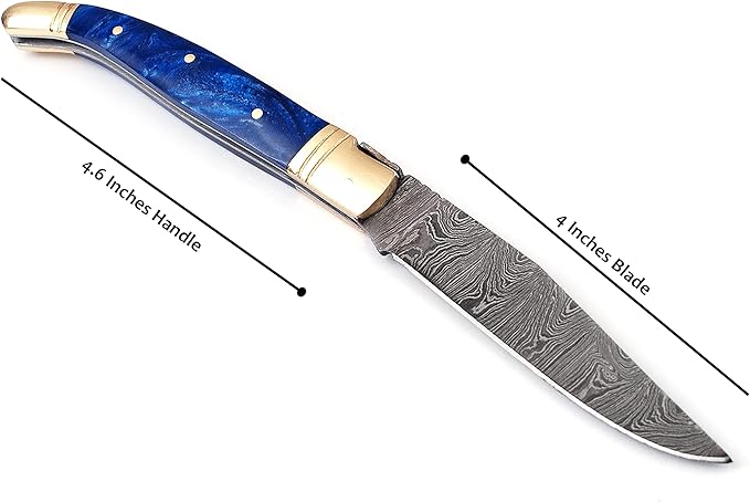 Damascus steel blade Laguiole Folding knife 8.5 Long with 4 hand forged twist pattern Blade. Blue color unshrinkable Raisen scale with brass bolster Cow hide leather sheath