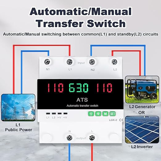 100A 120V Automatic/Manual Generator Transfer Switch DIN Rail Mount 110V for Generator Backup Power &amp Gas Furnace 50/60Hz LED Display CE Certified