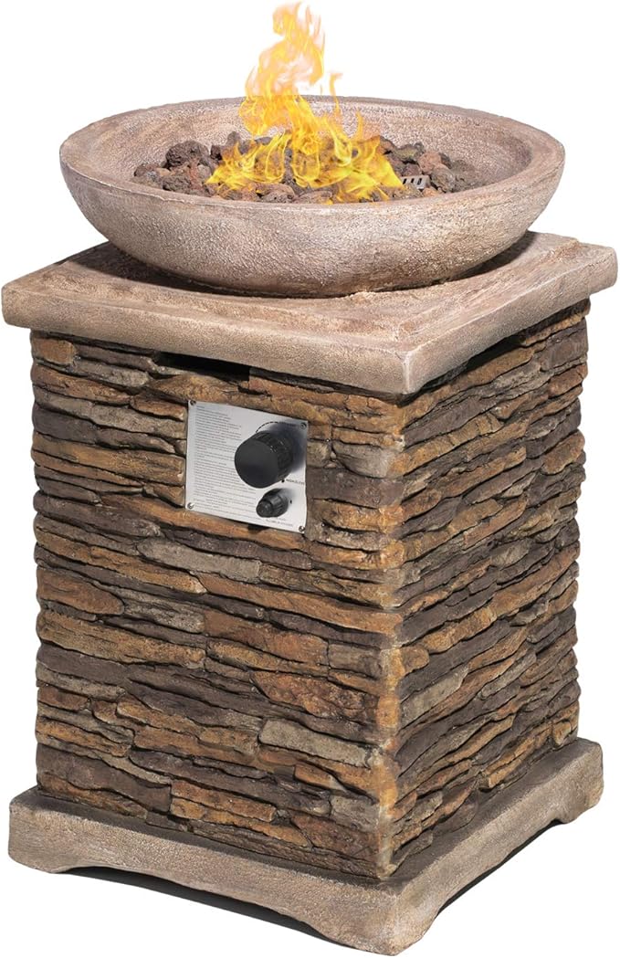 SUNBURY Outdoor Propane Fire Pit Gas Fire Pit for Outside Patio Stone Outdoor Fire Table Fire Column 40000 BTU Propane Fire Tables Firepit Table w Lava Rocks CSA Certified Waterproof Cover