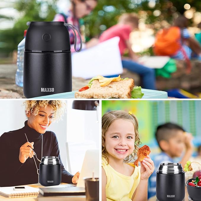MAXSO 2 Pack Soup Thermo for Hot &amp Cold Food for Kids Adults Vacuum Insulated Food Jar Thermal Lunch Containers Travel Food Flask with Spoon (24 oz17 oz) (Black)
